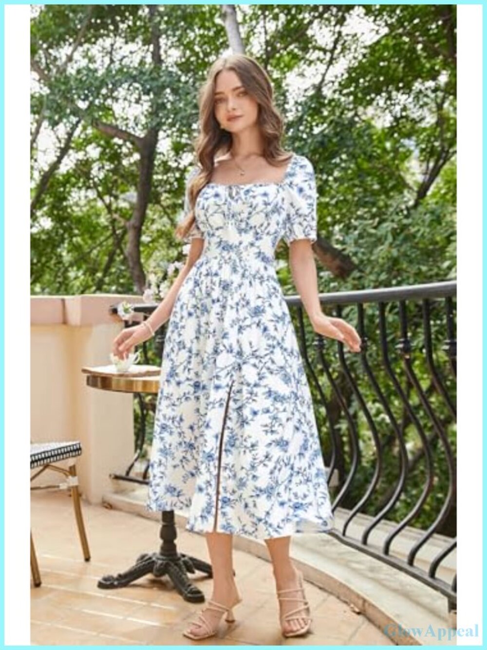 Floral Corset Midi Dress with Thigh Slit, Square Neck, Puffed Sleeves, Side - Picture 3 of 6